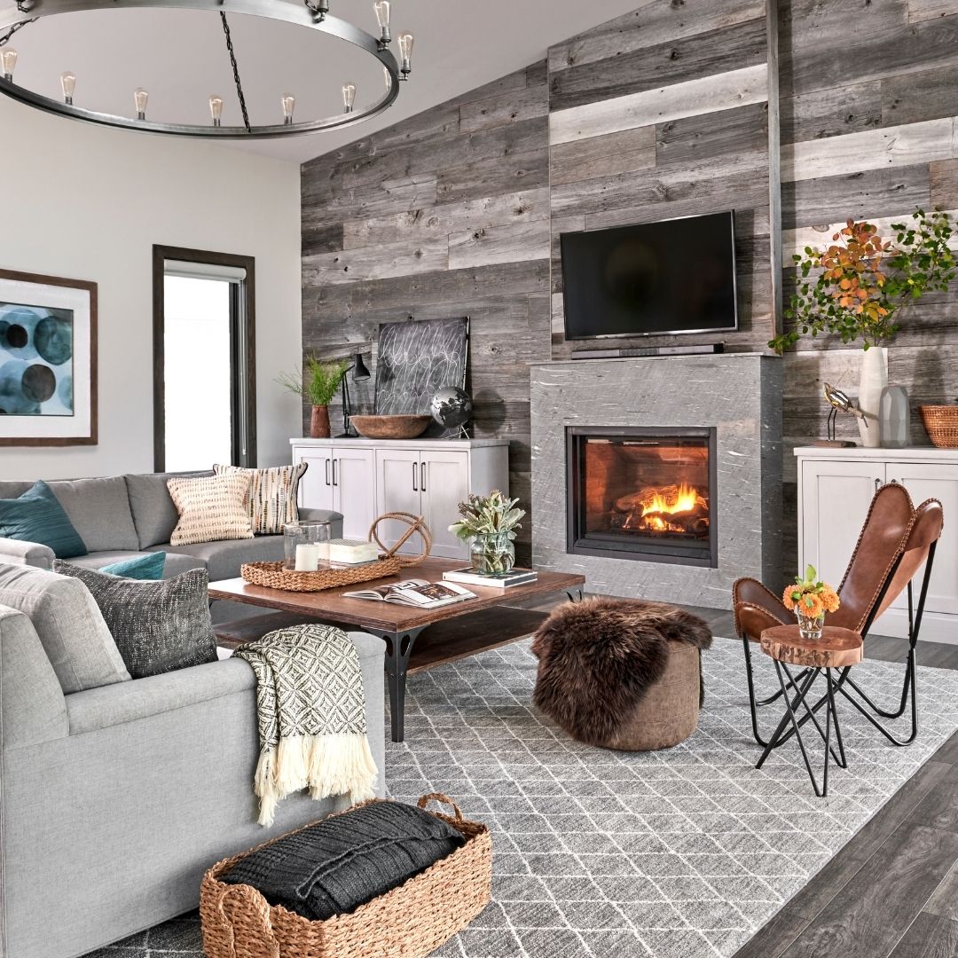 Cozy gray living room, wood accents Design by SARA BEDERMAN  Photos by STEPHANI BUCHMAN